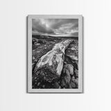 Rocky Terrain Driftwood, Weathered Wood Scene, Outdoor Adventure Art, Modern Rustic Decor, Framed Canvas Print, Earthy Tones Photography