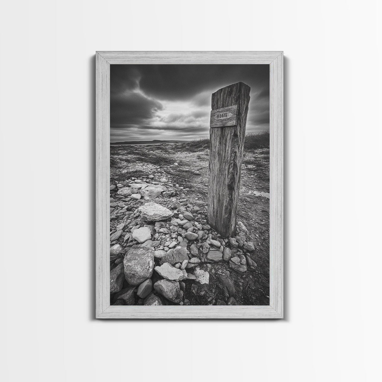 Weathered Exit, Symbolic Marker, Coastal Path, Canvas Print, Rustic Wall Art, Moody Landscape Decor, Entryway Statement Piece
