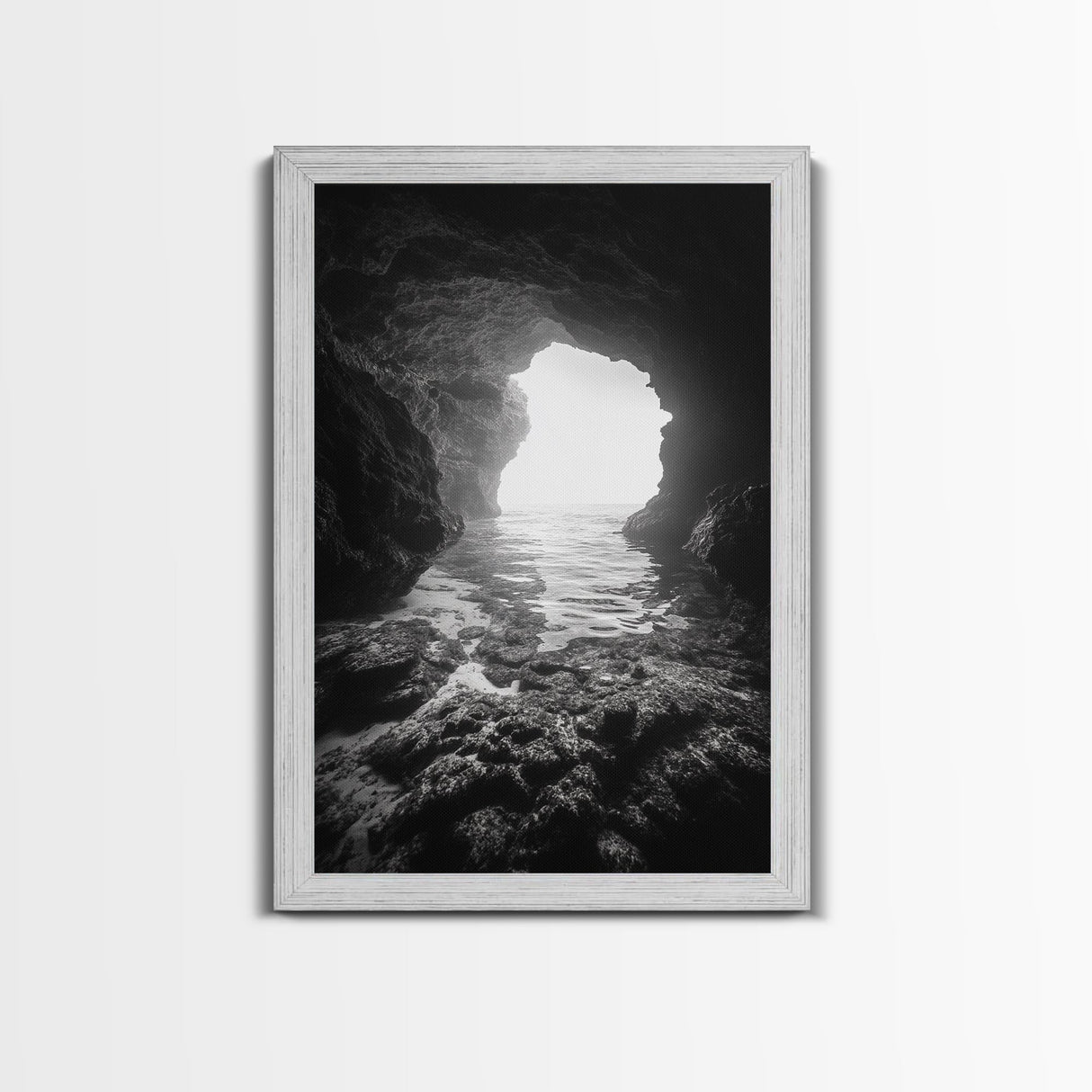 Sea Cave Entrance, Ocean Grotto, Light Escape, Rocky Tide, Canvas Print, Bathroom Wall Art, Black and White Seascape Photo
