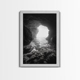 Sea Cave Entrance, Ocean Grotto, Light Escape, Rocky Tide, Canvas Print, Bathroom Wall Art, Black and White Seascape Photo