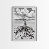 Half Underwater Tree, Split View Nature, Aquatic Roots, Stormy Skies, Framed Canvas Print, Coastal Wall Art, Unique Nature Photography
