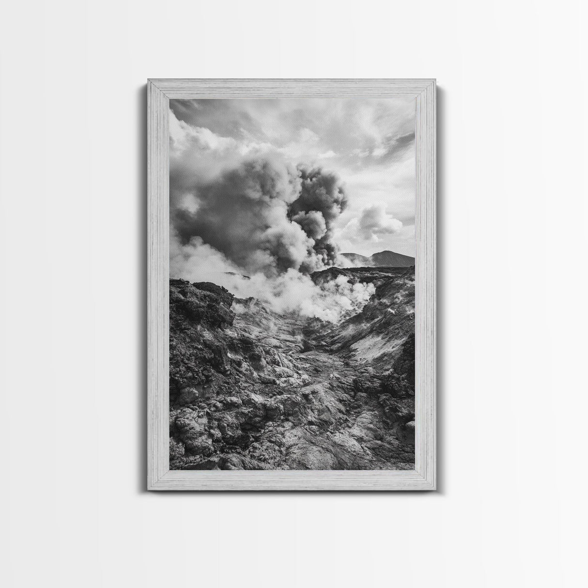 Volcanic Eruption Smoke, Lava Rocks, Earth Energy, Fiery Terrain, Framed Canvas Print, Office Wall Art, Dramatic Nature Landscape