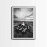 Coastal campfire glow, serene seaside bonfire, sunset flames, sandy warmth, Framed Canvas Print, Fall decor, cozy cabin wall art
