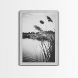 Reed Grass, Gentle Breeze, Black and White Nature, Canvas Print, Minimalist Wall Art, Tranquil Lake Scene, Bedroom Decor