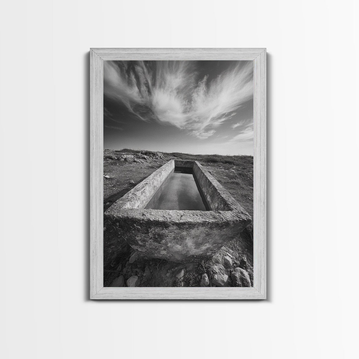 Stone Water Trough, Wild Horizon, Rustic Scene, Framed Canvas Print, Country Farm Decor, Outdoor Living Art, Neutral Wall Accent
