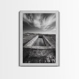 Stone Water Trough, Wild Horizon, Rustic Scene, Framed Canvas Print, Country Farm Decor, Outdoor Living Art, Neutral Wall Accent