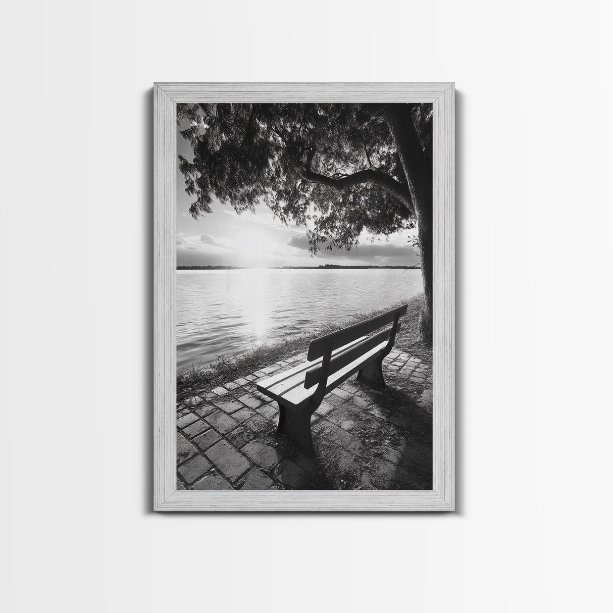 Peaceful Lake Bench, Tranquil Sunrise, Tree Shade View, Nature Serenity, Framed Canvas Print, Minimalist Art, Bedroom Wall Decor