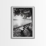 Peaceful Lake Bench, Tranquil Sunrise, Tree Shade View, Nature Serenity, Framed Canvas Print, Minimalist Art, Bedroom Wall Decor