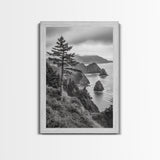 Oregon Coastline View, Misty Cliffs, Evergreen Forest, Coastal Vibes, Framed Canvas Print, Rustic Cabin Art, Living Room Wall Decor