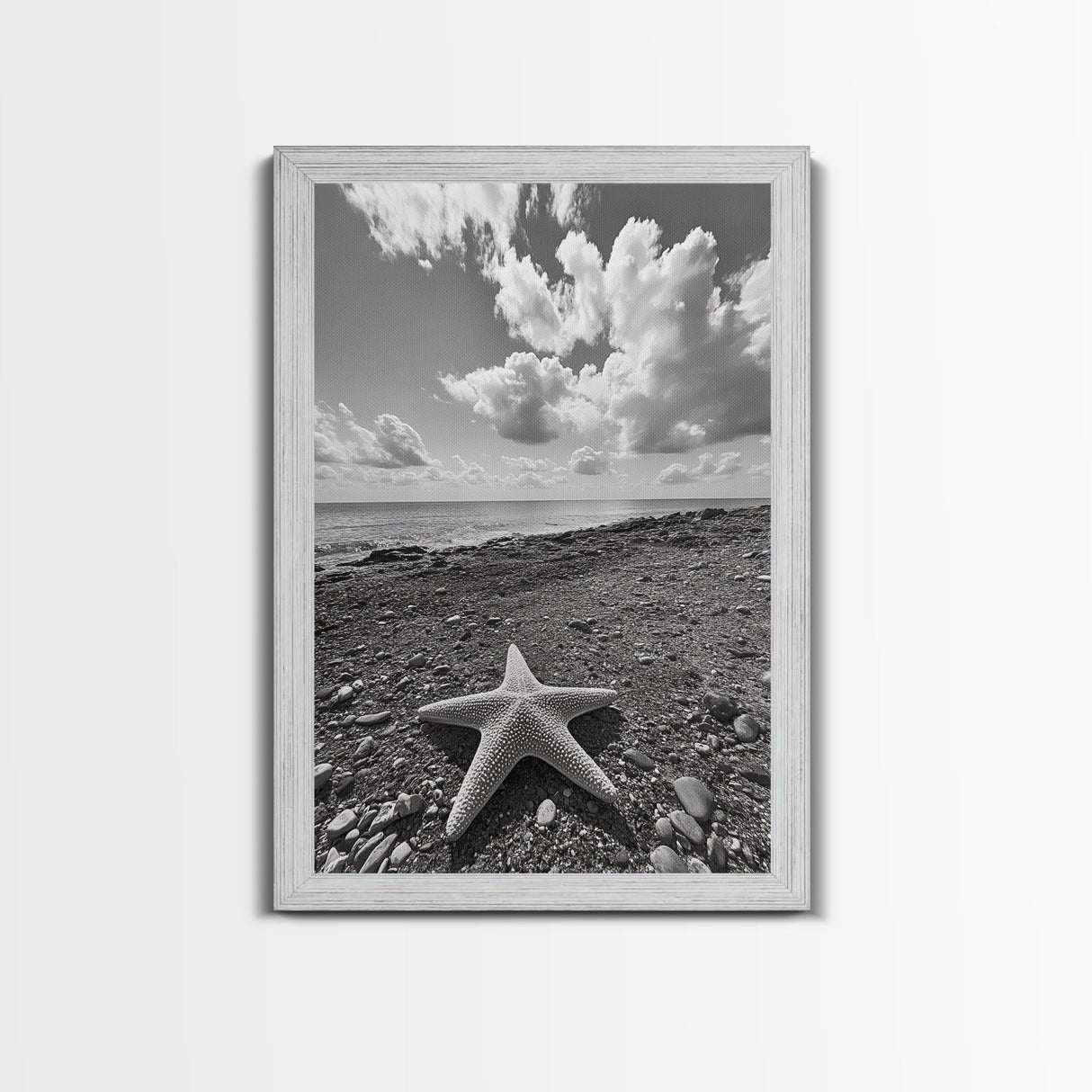 Starfish on Shore, Rocky Beach Scene, Cloudy Sky Horizon, Ocean Calm, Framed Canvas Print, Coastal Art, Bathroom Wall Decor