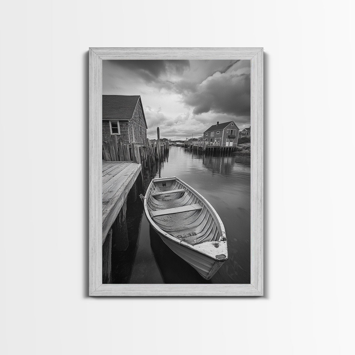 Docked Rowboat Scene, Calm Harbor, Coastal Village, Still Waters, Framed Canvas Print, Seaside Art, Beach House Wall Decor