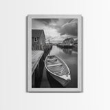 Docked Rowboat Scene, Calm Harbor, Coastal Village, Still Waters, Framed Canvas Print, Seaside Art, Beach House Wall Decor