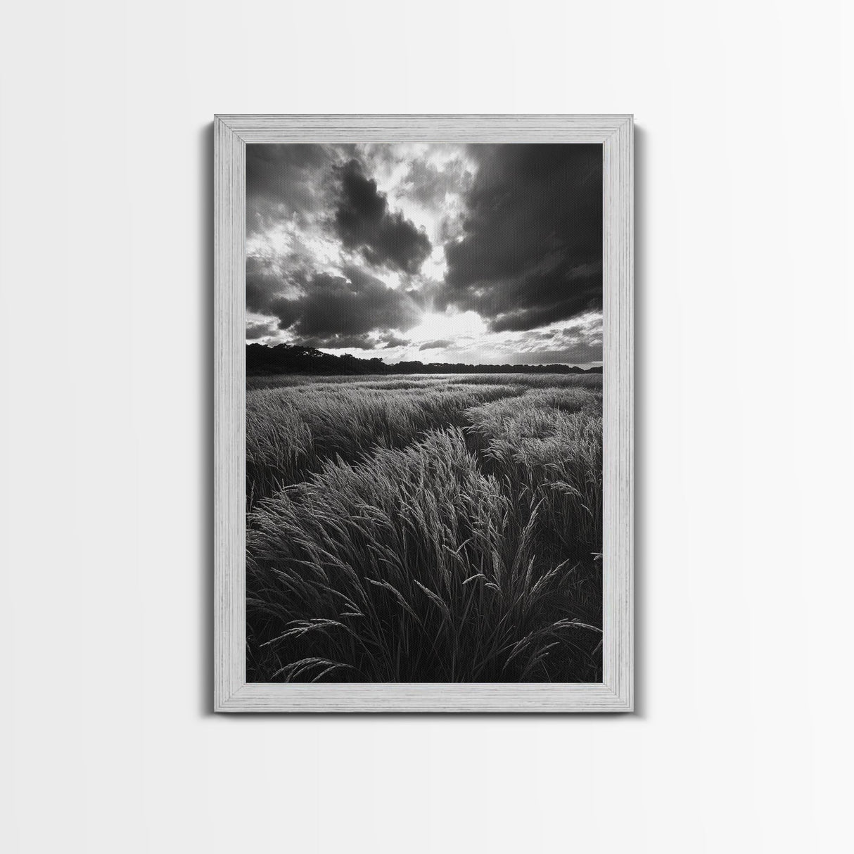 Golden Grass Field, Dramatic Sunset, Autumn Skies, Nature Movement, Framed Canvas Print, Fall Landscape Art, Living Room Decor