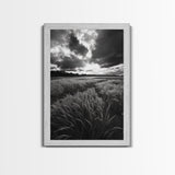 Golden Grass Field, Dramatic Sunset, Autumn Skies, Nature Movement, Framed Canvas Print, Fall Landscape Art, Living Room Decor