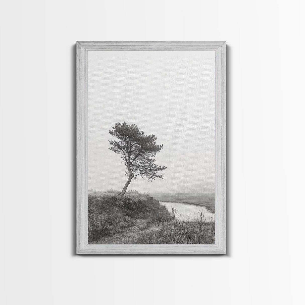 Leaning Tree Path, Soft Fog Scene, Calm Landscape, Canvas Print, Serene Entryway Wall Art, Nature Photography, Minimalist Decor