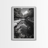 River Reflection, Nature Calm, Forest Stream, Canvas Print, Black and White Landscape Wall Art, Rustic Bathroom Decor, Tranquil Home Vibe