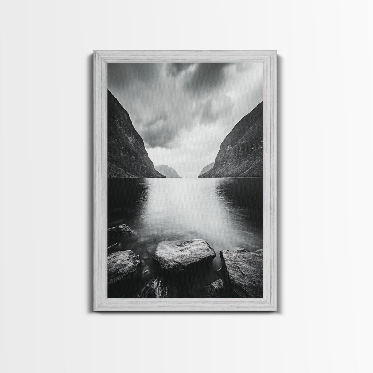 Mountain Lake, Nordic Fjord, Moody Water, Framed Canvas Print, Minimalist Wall Art, Serene Living Room Decor, Monochrome Nature Scene