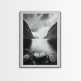 Mountain Lake, Nordic Fjord, Moody Water, Framed Canvas Print, Minimalist Wall Art, Serene Living Room Decor, Monochrome Nature Scene