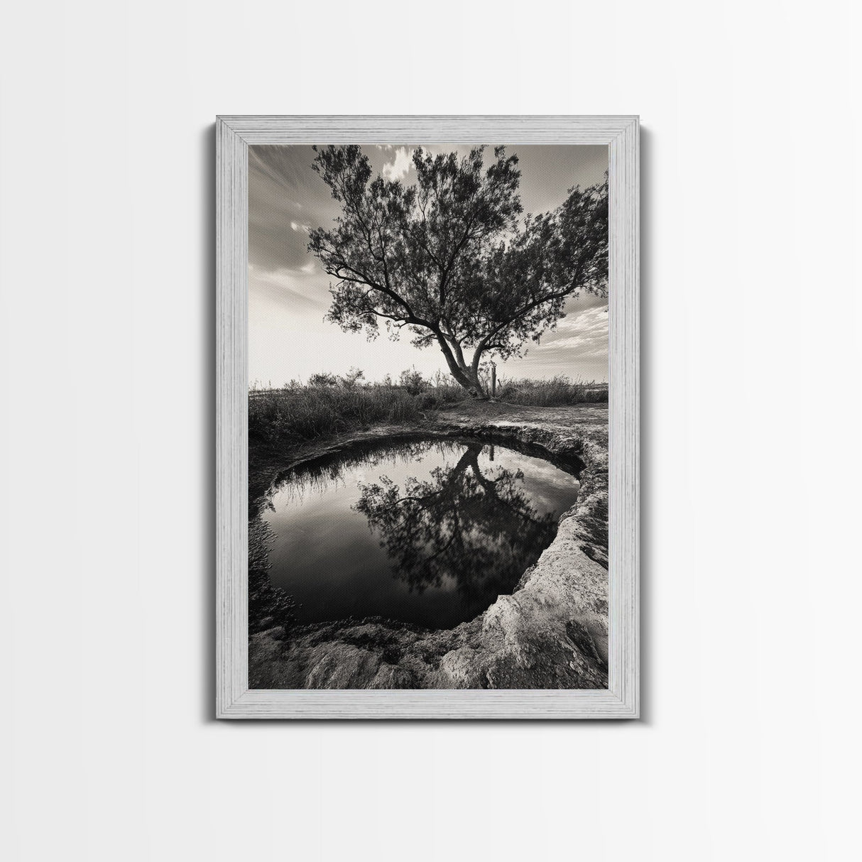 Tree Reflection, Still Water, Peaceful Nature, Framed Canvas Print, Tranquil Wall Art, Rustic Bedroom Decor, Black and White Photography