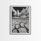 Cracked Earth, Storm Sky, Desert View, Framed Canvas Print, Dramatic Landscape Art, Modern Living Room Decor, Moody Minimalist Wall Art