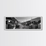 Mediterranean Market Scene, Travel Wall Decor, Rustic Street View, Framed Canvas Print, Kitchen Wall Art, Black and White Photography