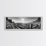Coastal Driftwood Scene, Rugged Ocean Beach, Moody Nature Landscape, Framed Canvas Print, Rustic Wall Decor, Fall Coastal Photography