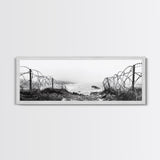 Barbed Coast, Foggy Beach, War Fence, Ocean Boundary, Framed Canvas Print, Industrial Wall Art, Living Room Decor, Black and White Art