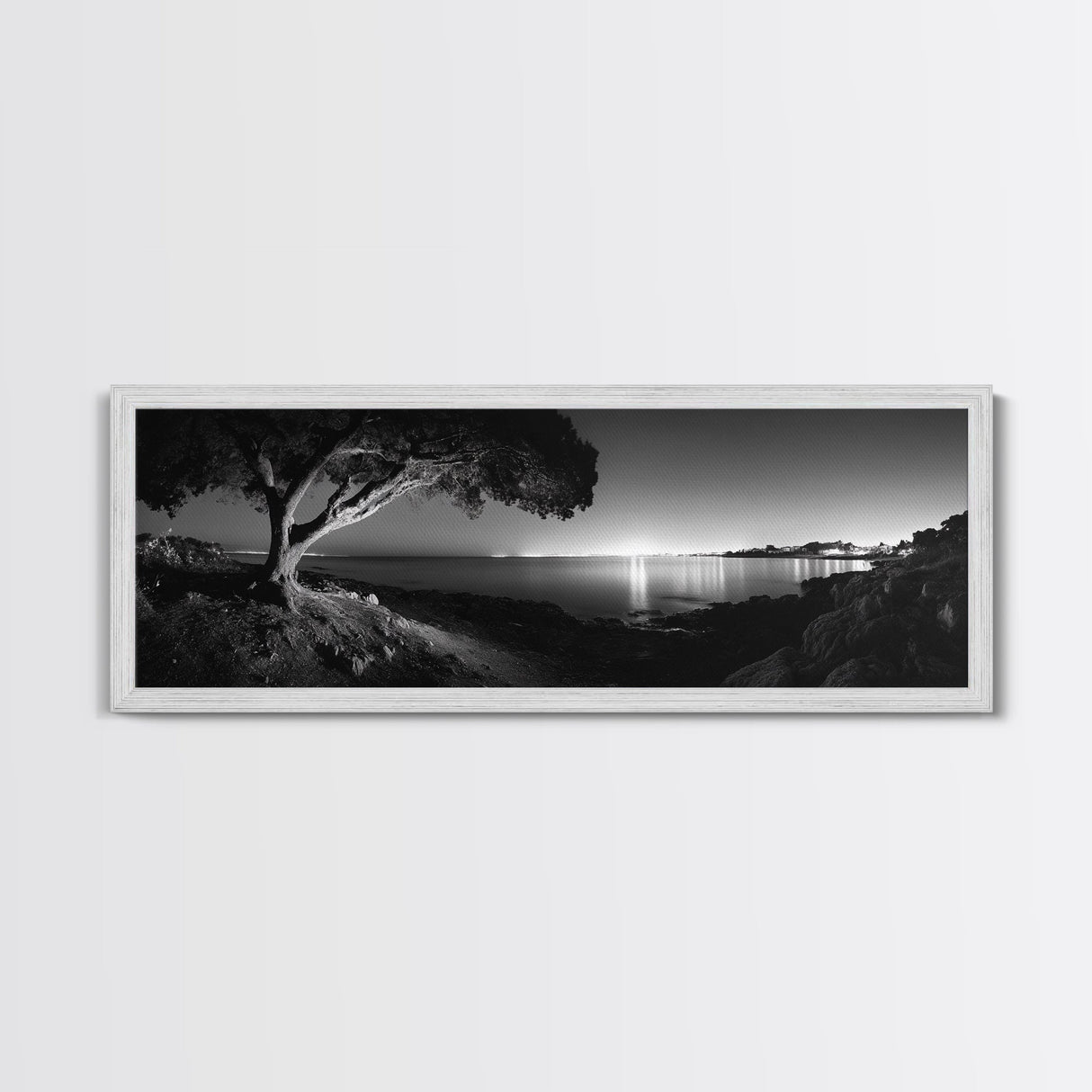 Coastal Night, Tree Silhouette, City Horizon, Framed Canvas Print, Moody Landscape Art, Modern Living Room Wall Decor