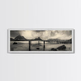 Dockside Calm, Stormy Shore, Ocean Jetty, Framed Canvas Print, Moody Coastal Wall Art, Living Room Art, Rustic Lakehouse Decor