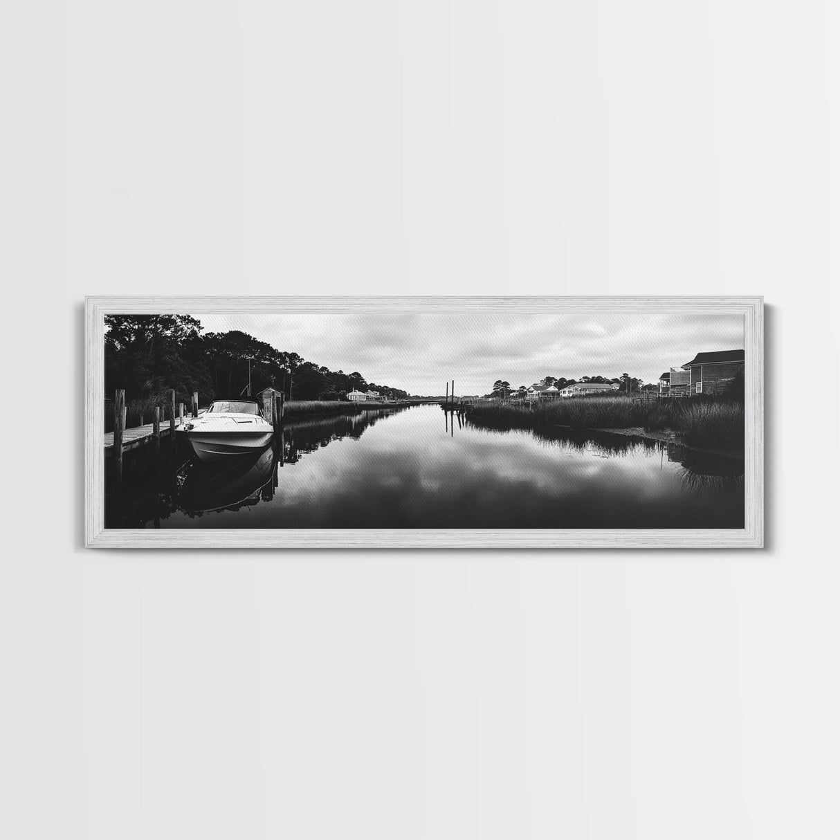 Boat Dock, Quiet Bay, Marina Reflections, Framed Canvas Print, Nautical Wall Art, Lakehouse Decor, Minimalist Coastal Vibes, Black White Art
