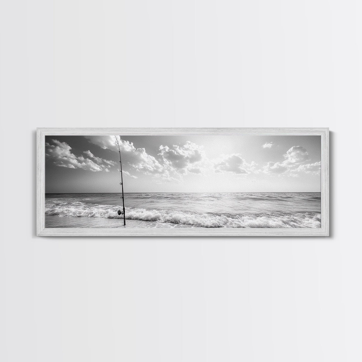 Beach Fishing, Ocean Waves, Rod and Reel, Framed Canvas Print, Coastal Living Wall Art, Minimalist Nautical Decor, Beach House Aesthetic