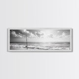 Beach Fishing, Ocean Waves, Rod and Reel, Framed Canvas Print, Coastal Living Wall Art, Minimalist Nautical Decor, Beach House Aesthetic