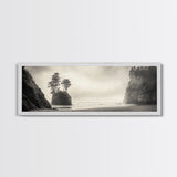 Foggy Beach, Coastal Pines, Ocean Cliffside, Nature Escape, Framed Canvas Print, Moody Wall Art, Living Room Decor, Pacific Northwest Style