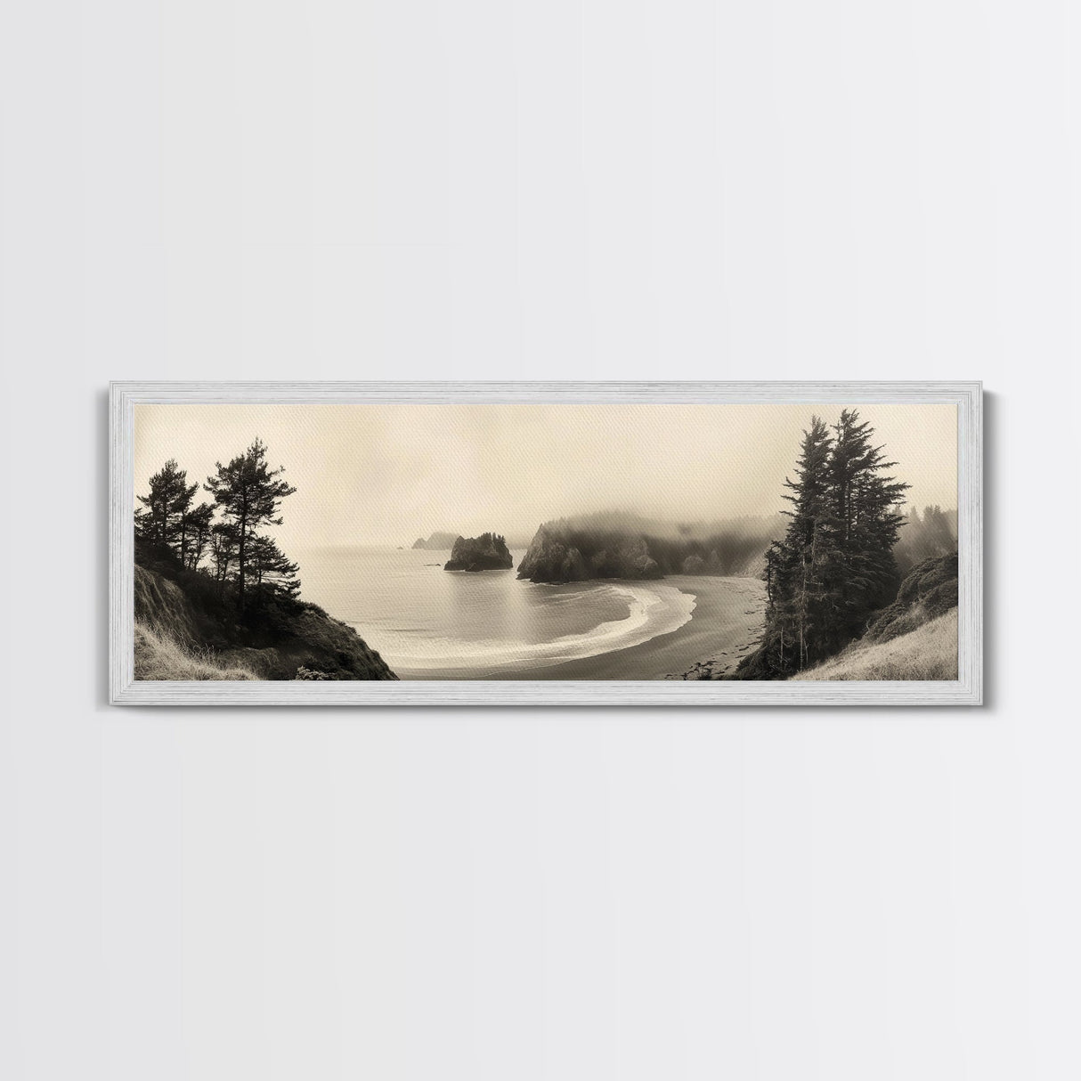 Misty Bay, Forested Coast, Moody Landscape, Serene Shoreline, Framed Canvas Print, Coastal Wall Art, Bedroom Decor, Earthy Tones