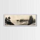 Misty Bay, Forested Coast, Moody Landscape, Serene Shoreline, Framed Canvas Print, Coastal Wall Art, Bedroom Decor, Earthy Tones