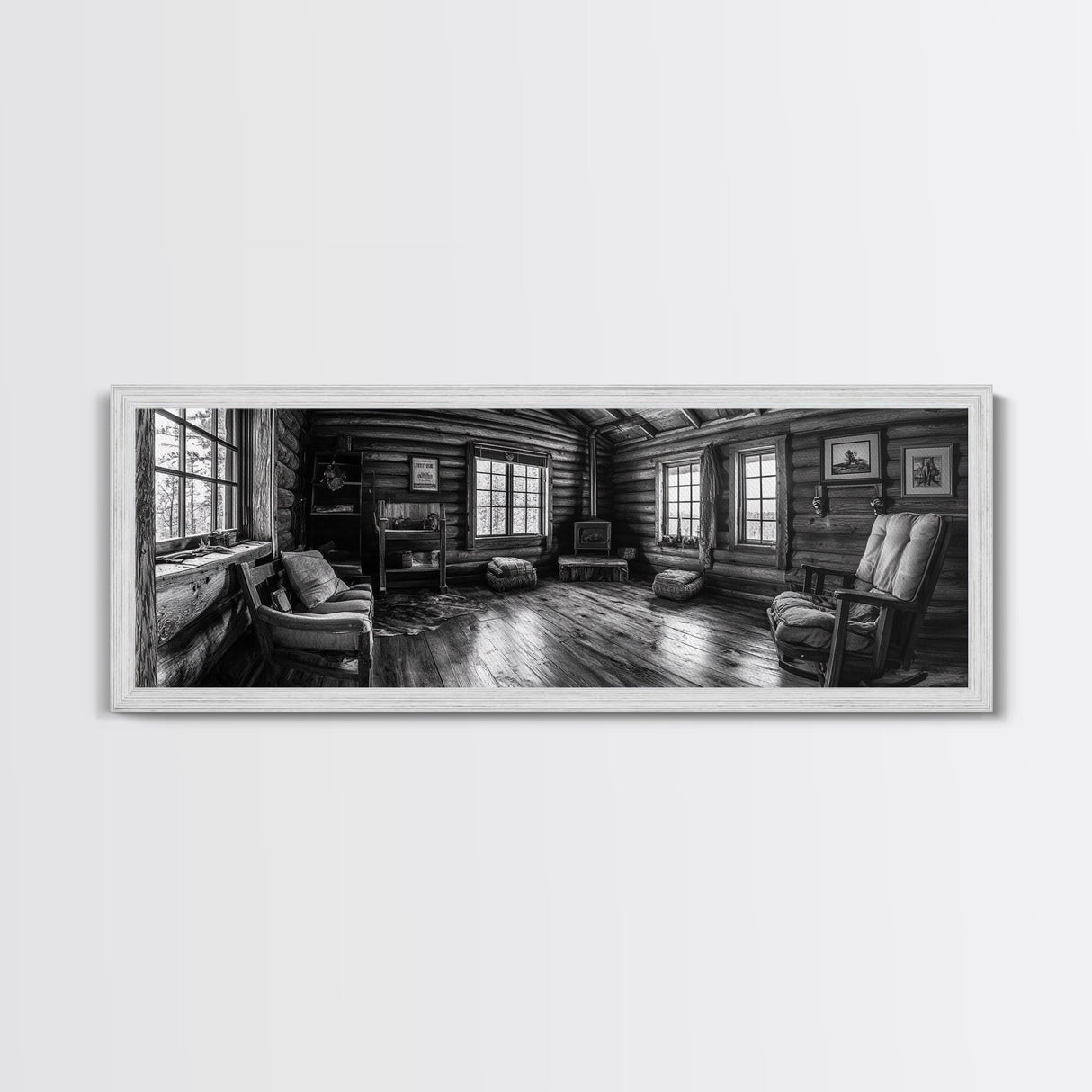 Rustic Cabin, Cozy Interior, Nature Retreat, Framed Canvas Print, Living Room Wall Art, Black and White Photography, Lodge Decor