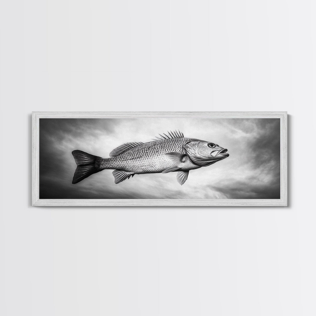 Floating Fish, Surreal Ocean, Realistic Scales, Sky Scene, Framed Canvas Print, Nautical Wall Art, Coastal Decor, Fishing Cabin Aesthetic
