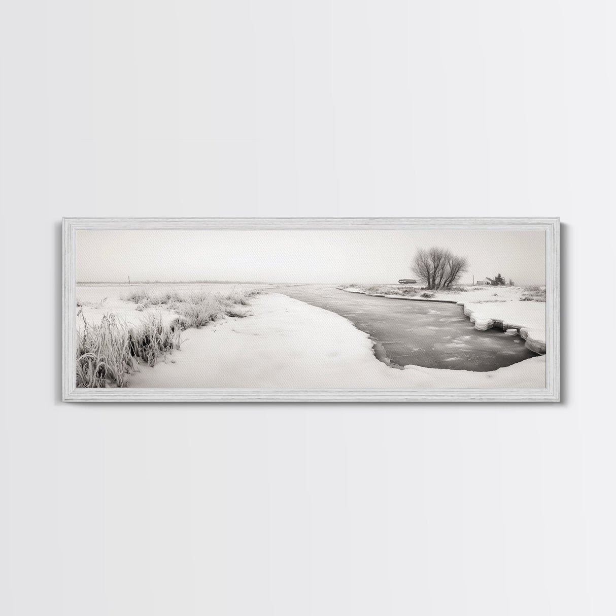 Winter River, Frosty Fields, Minimalist Landscape, Canvas Print, Modern neutral art, Rustic home decor, Entryway wall art, Scandinavian vibe