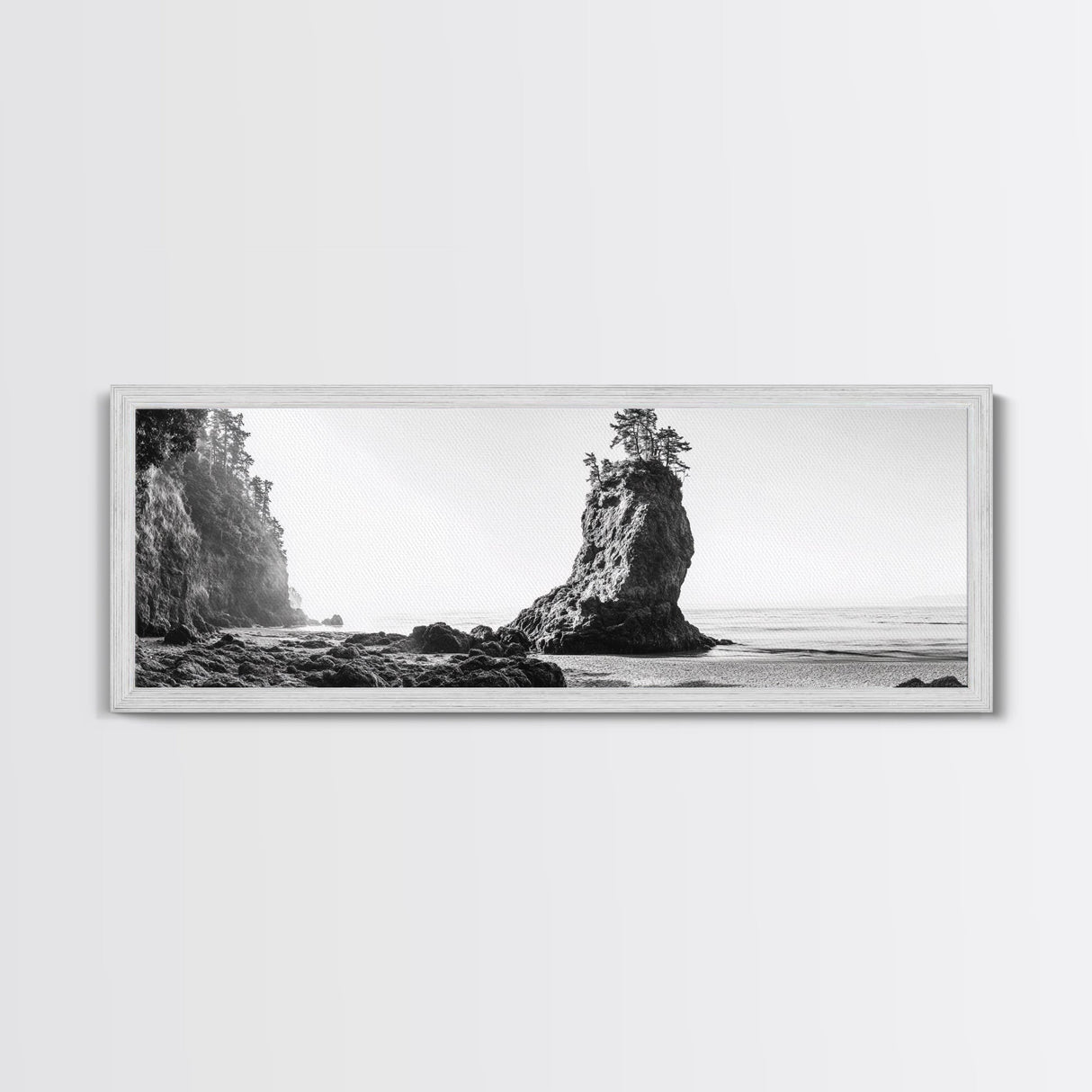 Sea Stack, Rugged Coast, Ocean Cliffside, Framed Canvas Print, Coastal landscape, Nature photography, Office wall art, Monochrome design