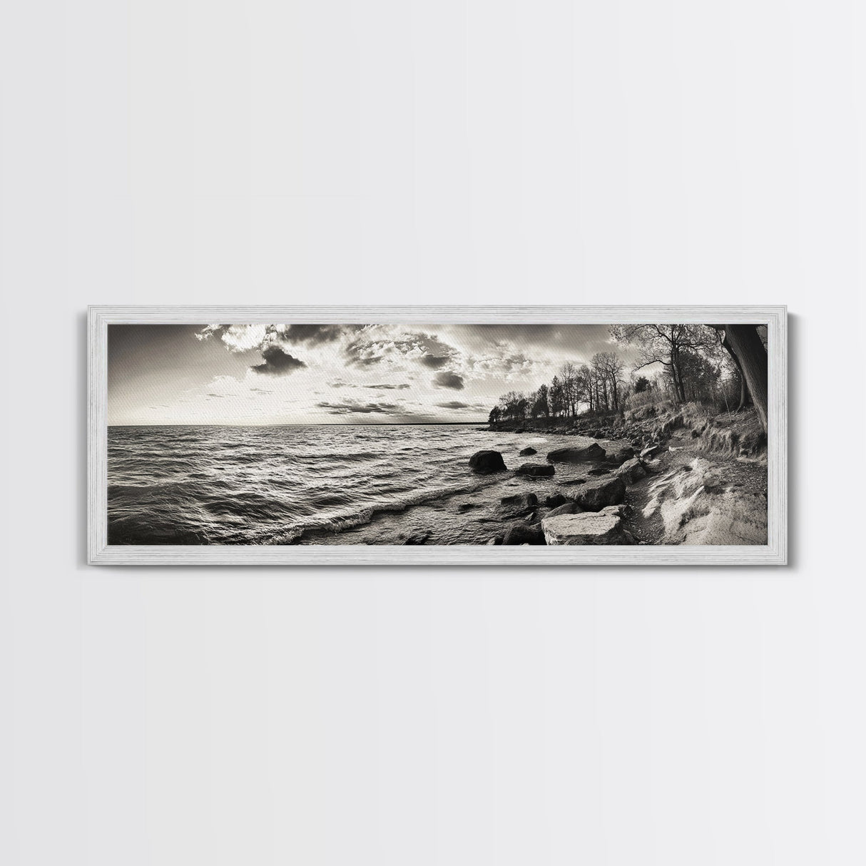 Coastal Shoreline, Autumn Landscape, Nature Photography, Framed Canvas Print, Rustic Decor, Lake House Art, Fall Wall Art, Neutral Tones