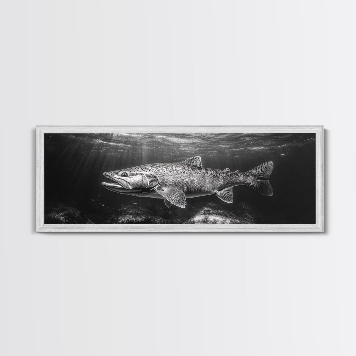 Underwater Fish, Lake Trout, Black and White Ocean, Framed Canvas Print, Coastal Bathroom Art, Fisherman Gift, Nautical Wall Decor