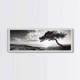 Lone Tree, Coastal Sunset, Ocean Horizon, Framed Canvas Print, Tranquil Landscape Art, Meditation Room Wall Art, Nature Zen Decor