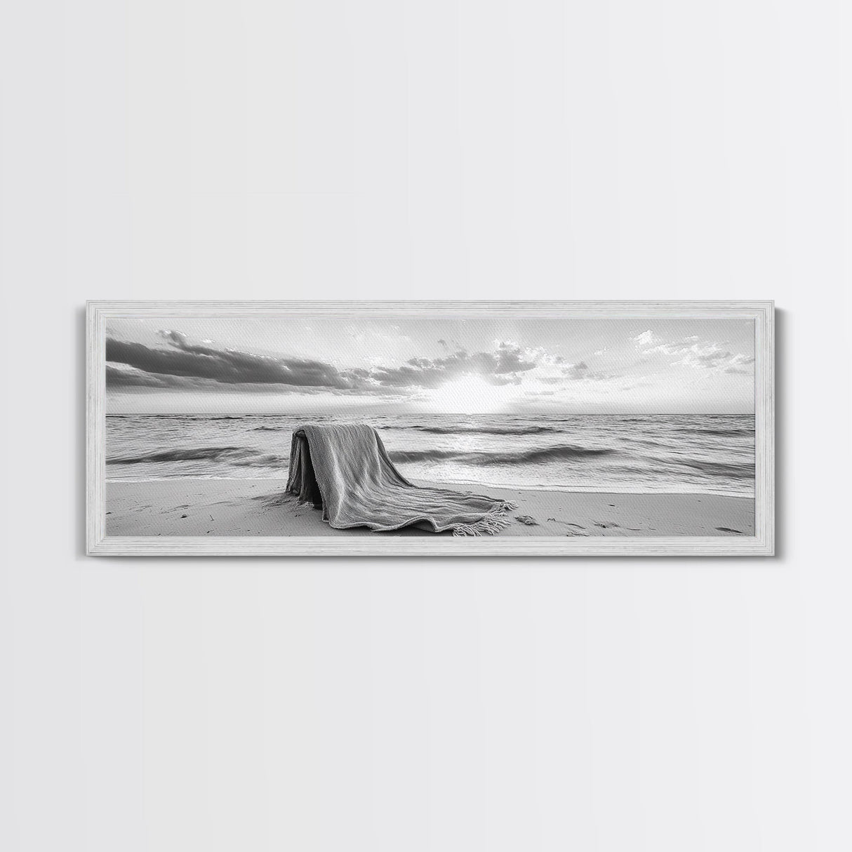 Blanket Beach, Woven Texture, Ocean Sunset, Tranquil Shore, Framed Canvas Print, Boho Wall Art, Bedroom Decor, Soft Coastal Photography Style