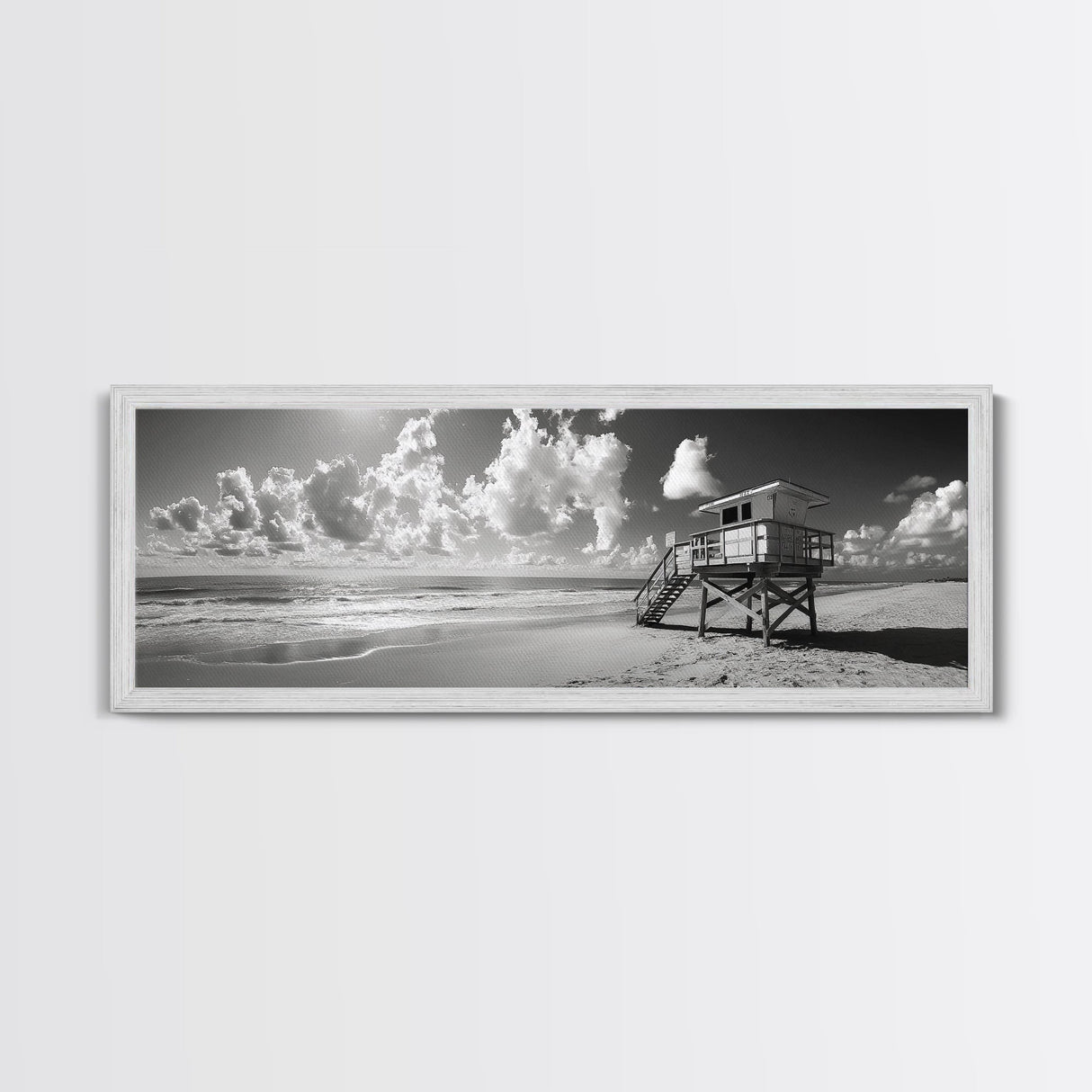 Lifeguard Tower Sky, Beach Scene Clouds, Surfside Minimalism, Framed Canvas Print, Bathroom Wall Art, Modern Coastal Decor