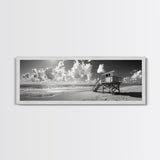 Lifeguard Tower Sky, Beach Scene Clouds, Surfside Minimalism, Framed Canvas Print, Bathroom Wall Art, Modern Coastal Decor