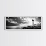 Dramatic Lighthouse Coast, Ocean Storm Horizon, Coastal Adventure, Framed Canvas Print, Living Room Wall Art, Nautical Fall Decor