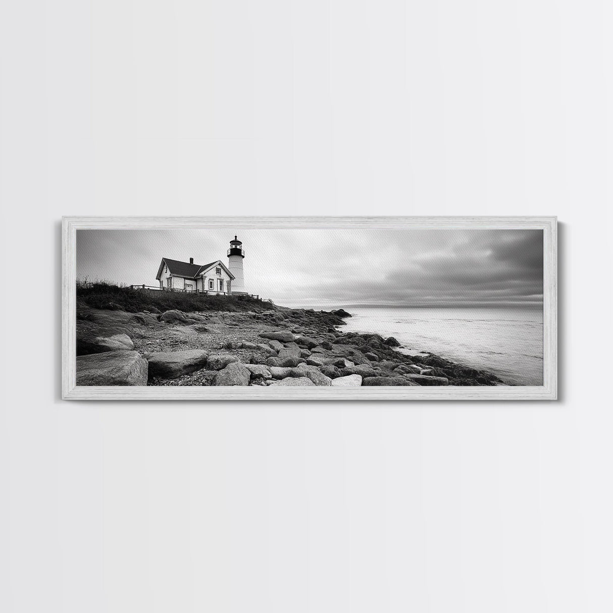 Classic Lighthouse Shore, Rocky Coastline Fog, Seaside Charm, Framed Canvas Print, Office Wall Art, New England Coastal Decor