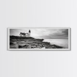 Classic Lighthouse Shore, Rocky Coastline Fog, Seaside Charm, Framed Canvas Print, Office Wall Art, New England Coastal Decor