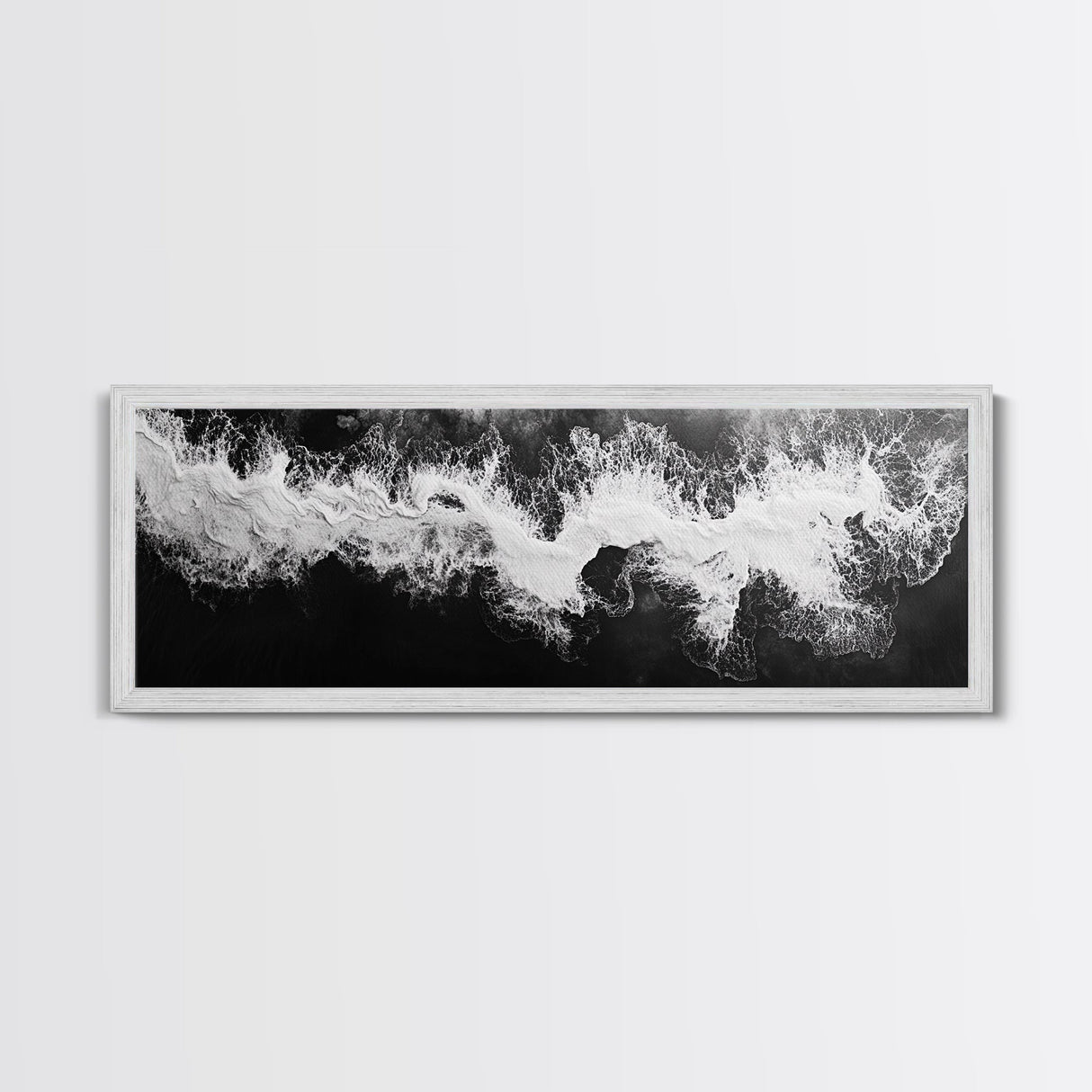 Ocean Wave, Aerial Surf, Coastal Abstract, Monochrome Motion, Framed Canvas Print, Modern Bathroom Art, Minimalist Art, Black and White Decor