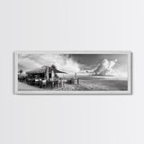 Seaside Bar, Beach Café, Oceanfront Dining, Cloudy Sky, Framed Canvas Print, Kitchen Wall Art, Black and White Tropical Art, Travel Decor